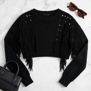 Black Fringe Crop Sweater
